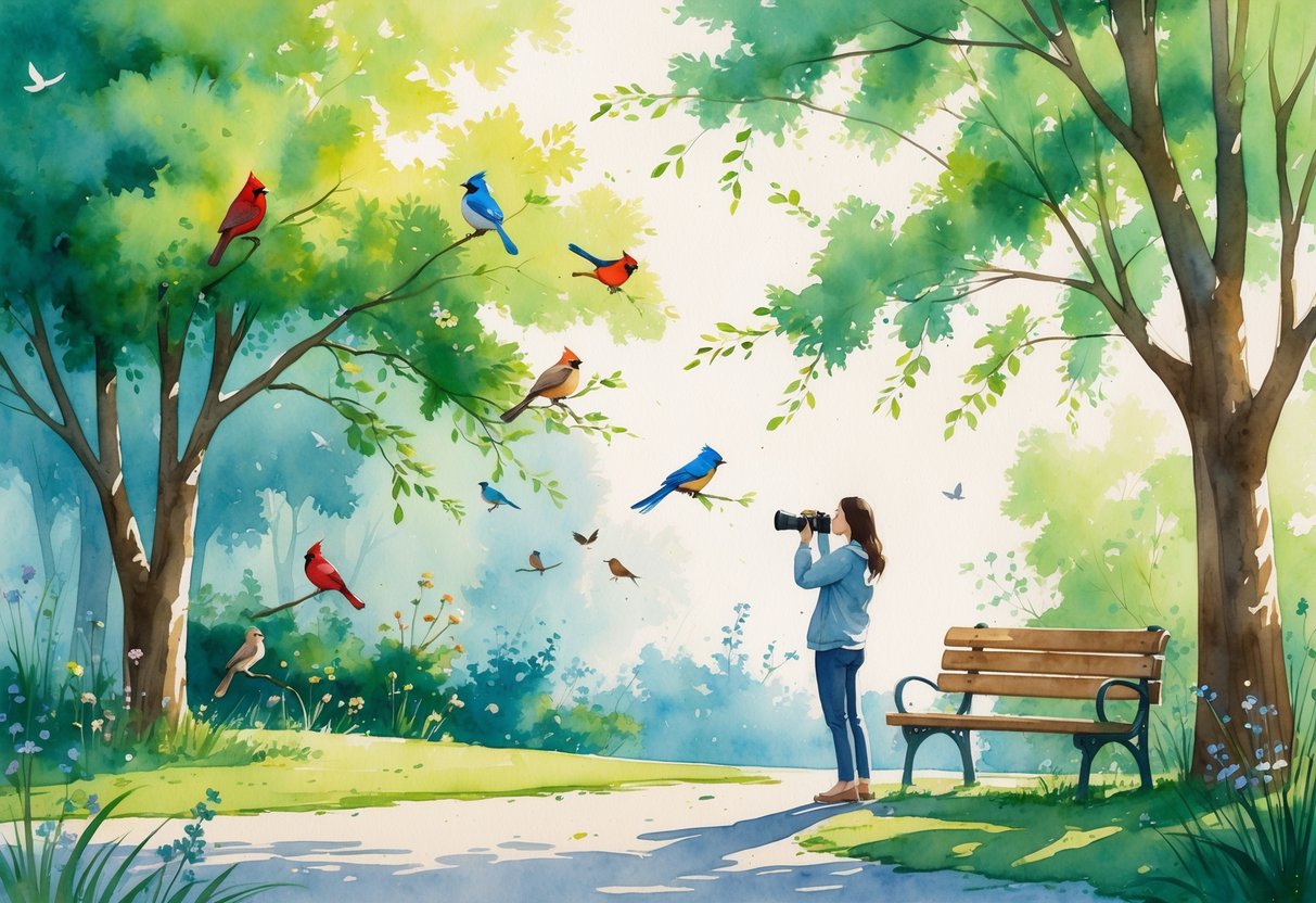 A person watching colorful birds in a green park near a wooden bench during a sunny day.