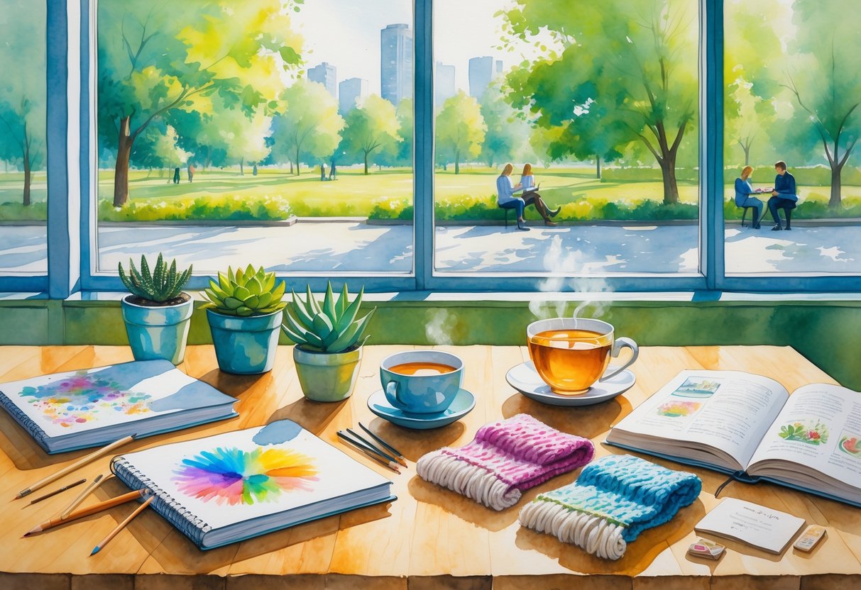 A peaceful office breakroom with a table displaying a sketchbook, knitting needles with a scarf, a potted plant, a cup of tea, and an open book, with a window showing a green park outside.