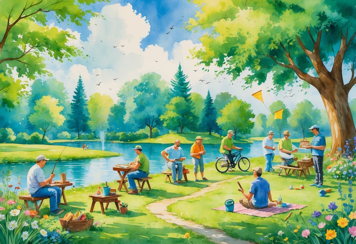 A group of dads enjoying fishing, woodworking, playing guitar, gardening, cycling, grilling, painting, reading, flying a kite, and playing catch in a sunny park with trees and flowers.