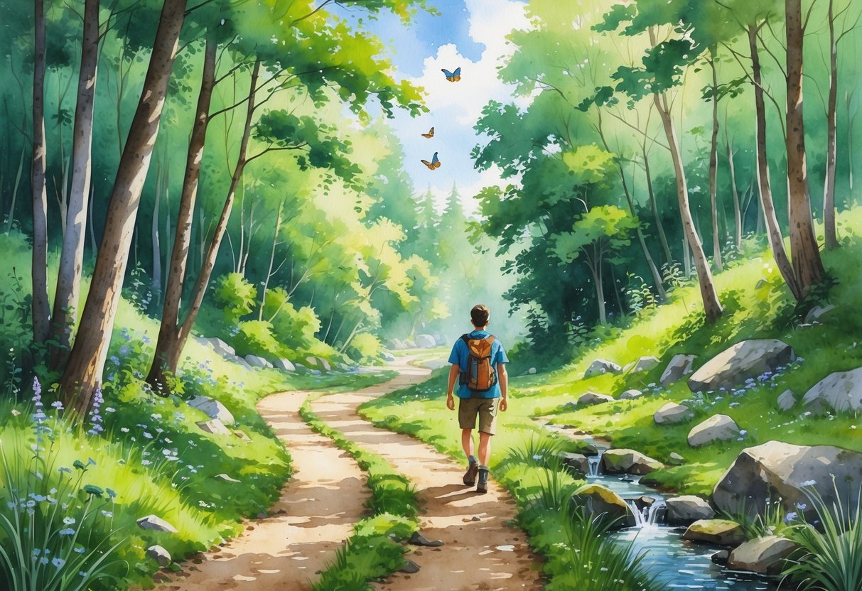 A dad hiking on a winding forest trail surrounded by trees, wildflowers, and a small creek.