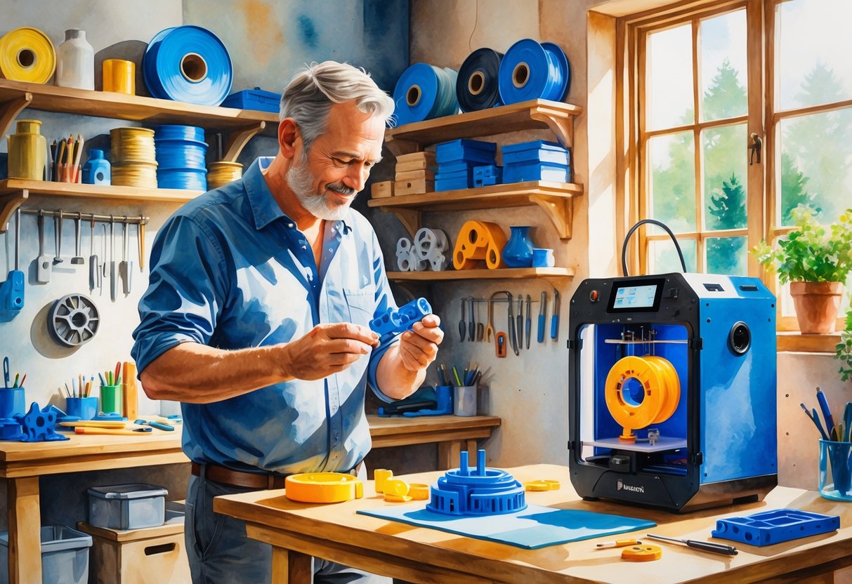 A man in a workshop examining a 3D printed part with a 3D printer and shelves of printed objects around him.