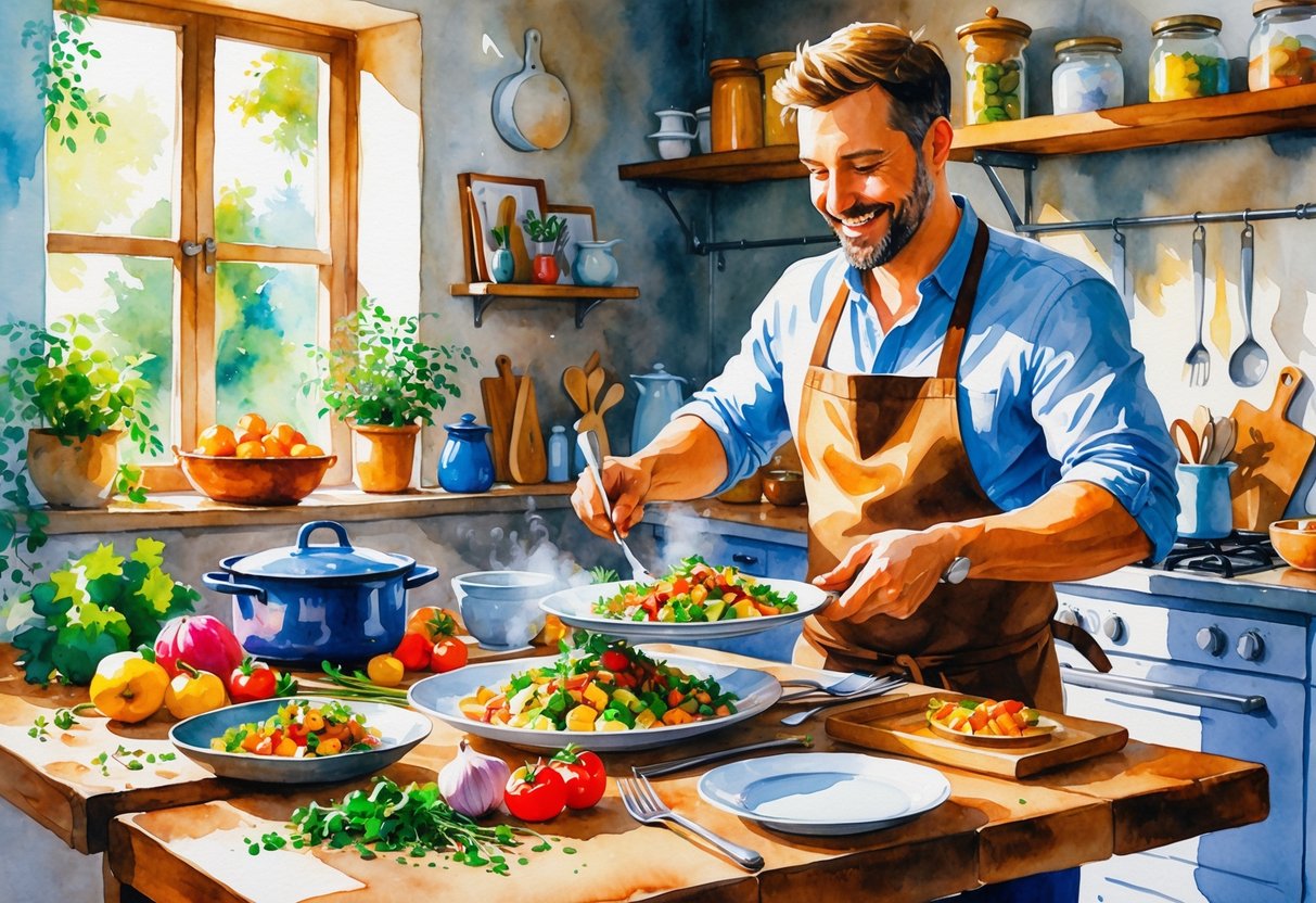 A dad cooking a gourmet meal in a cozy kitchen with fresh ingredients and cooking tools on the table.