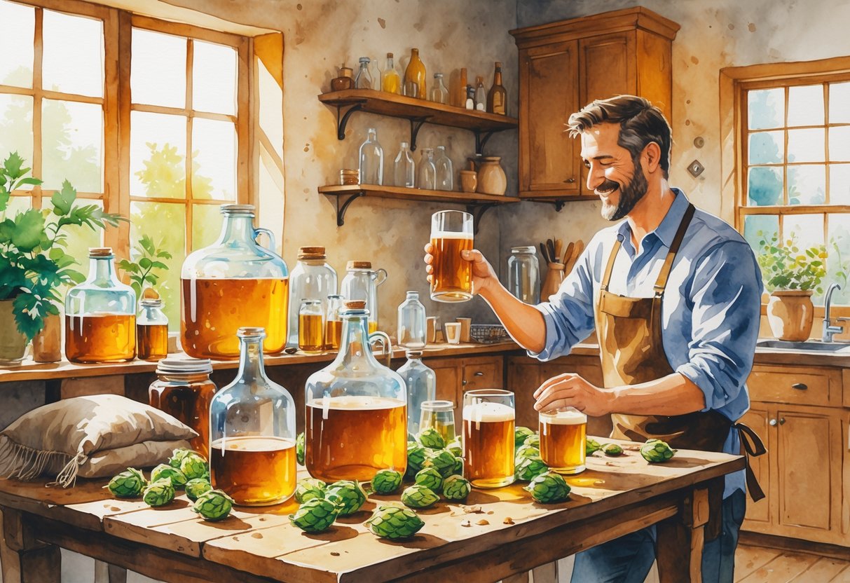 A man brewing craft beer at home with brewing equipment and ingredients on a wooden table in a cozy kitchen.