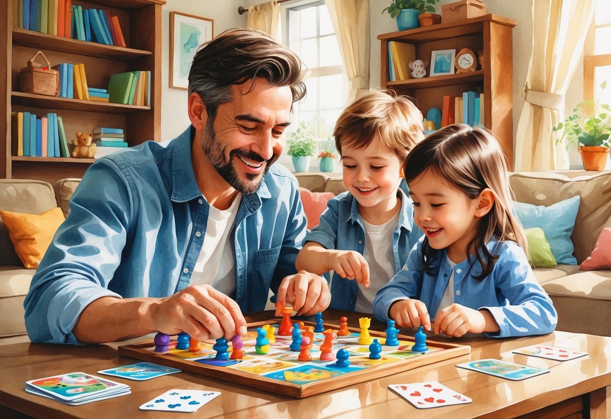 A father and two children happily playing board games together at a table in a cozy living room.