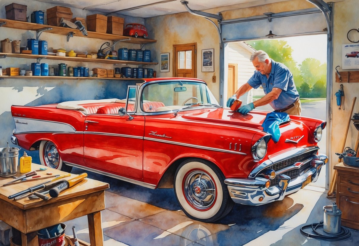 A man working on restoring a classic red convertible car inside a garage filled with tools and car parts.