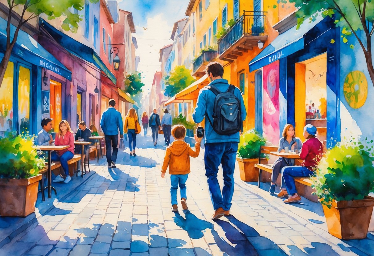 A father and child walking through a colorful city street with buildings, street art, and people around, the father holding a camera.