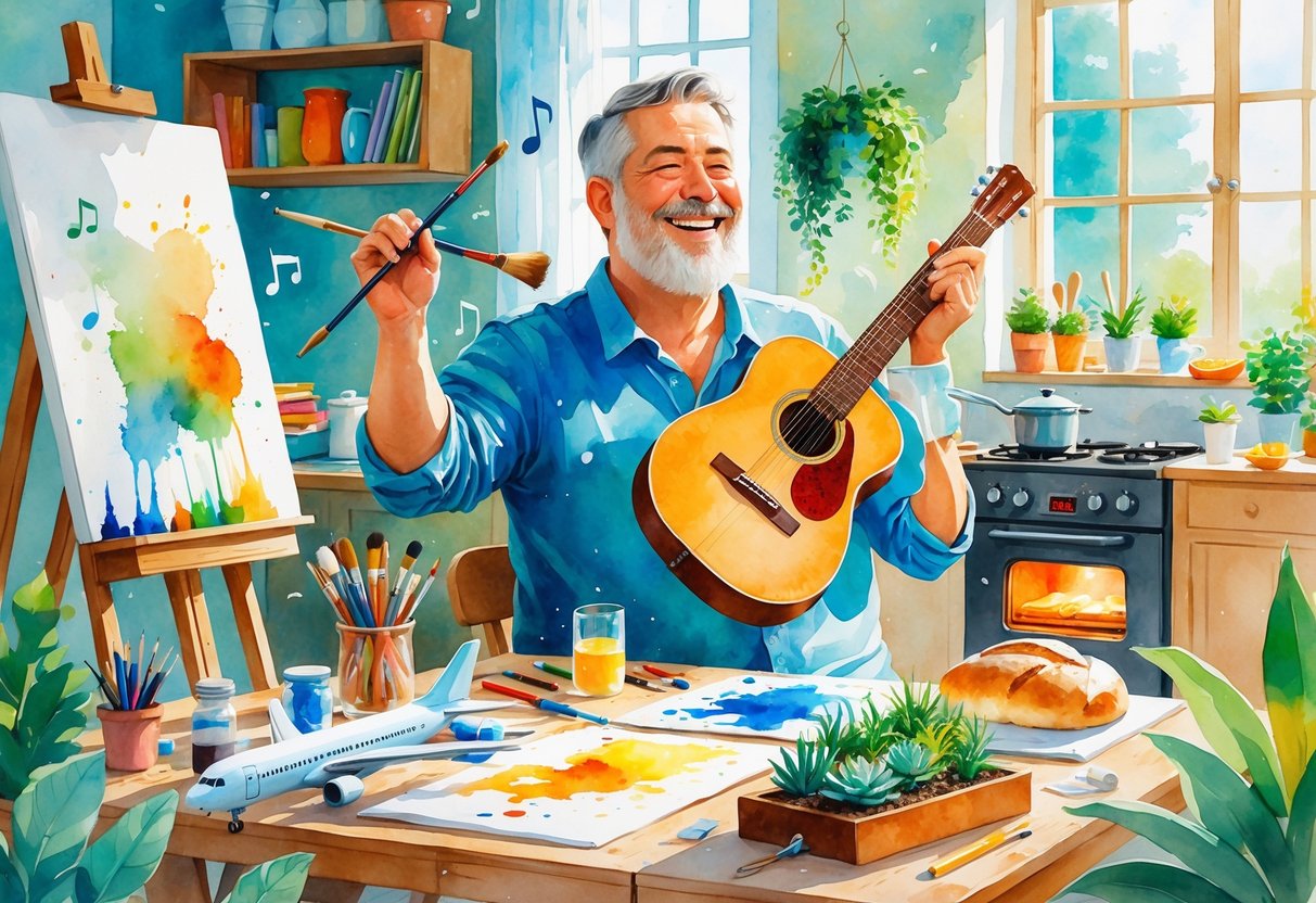A middle-aged dad enjoying multiple hobbies including painting, playing guitar, assembling a model airplane, gardening, and baking in a bright, cozy room.