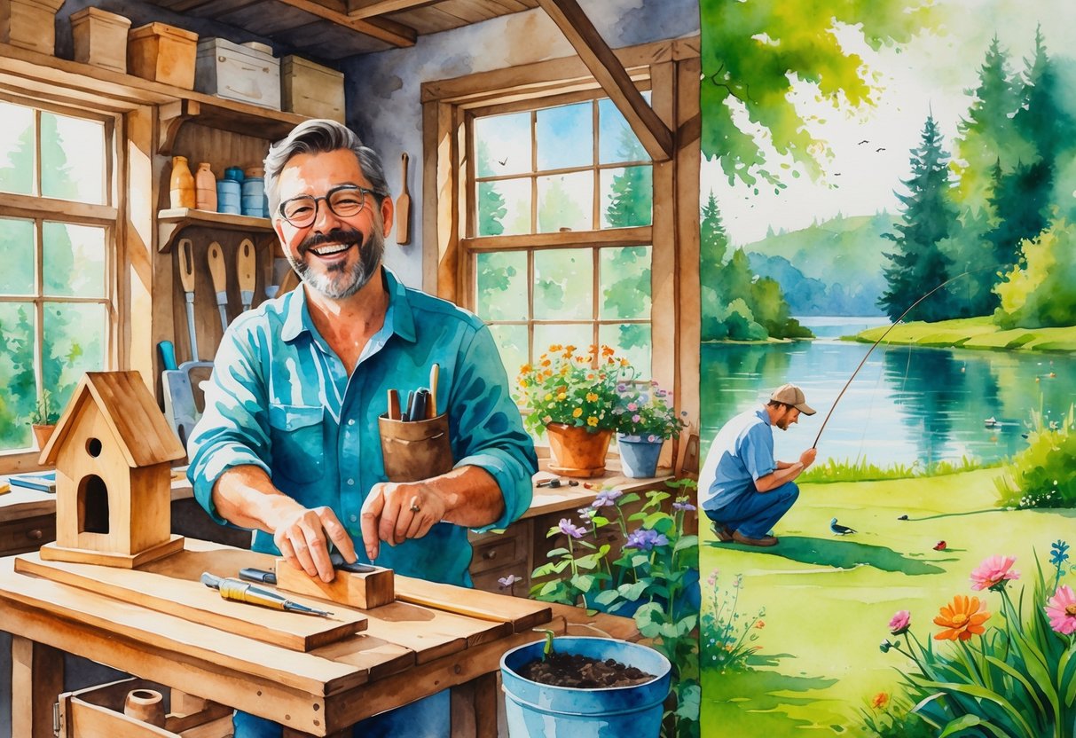 A dad enjoying woodworking, gardening, and fishing in a peaceful outdoor and indoor setting.