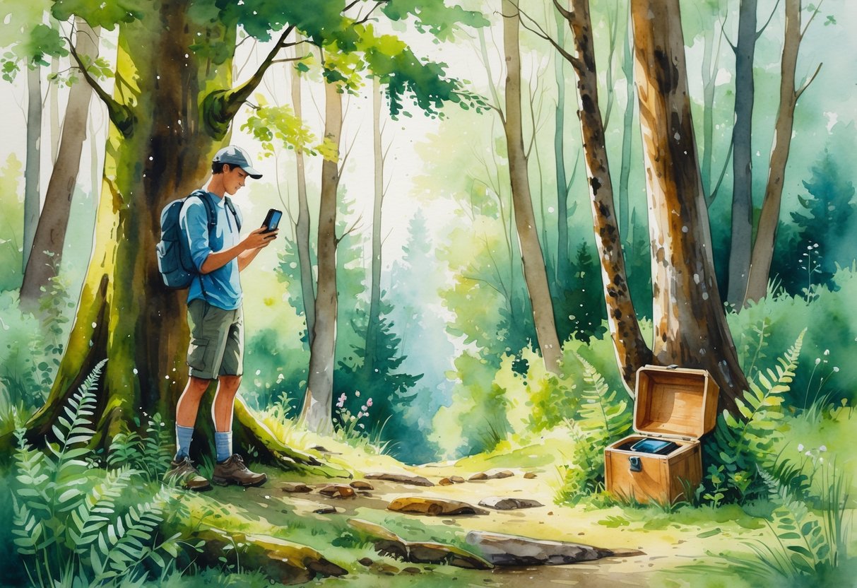 A person using a GPS device to find a hidden geocache box in a forest surrounded by trees and plants.