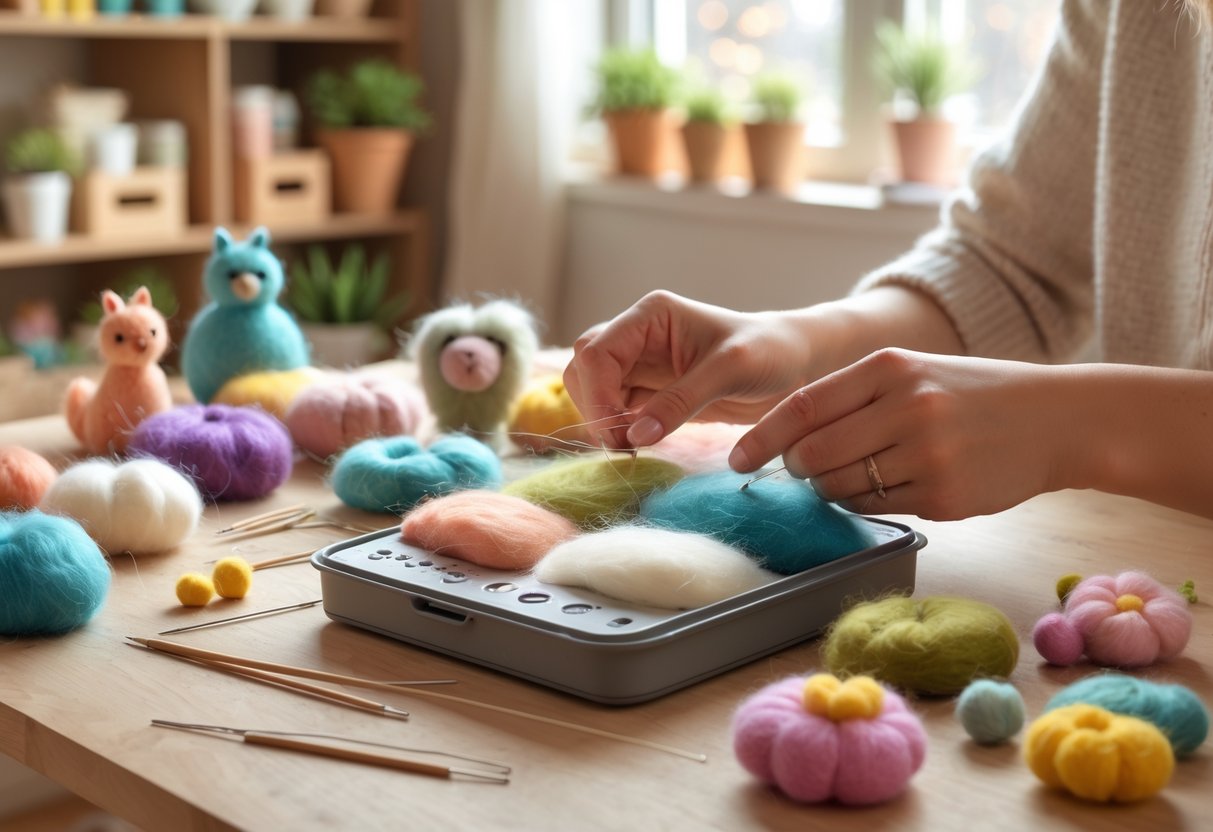 A person working with wool fibers and felting tools at a wooden table in a cozy craft room filled with plants and craft supplies.