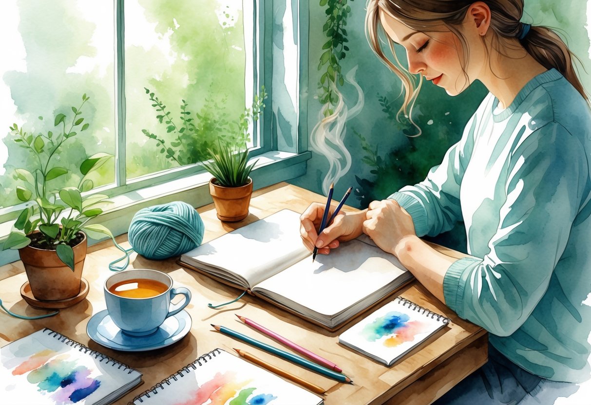 A person writing in a journal at a wooden desk near a window with a cup of tea, plants, and art supplies around them.