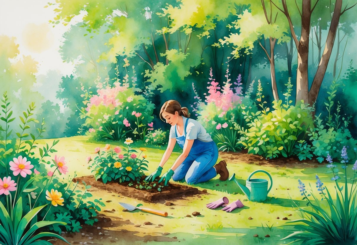 Person gardening outdoors surrounded by flowers, plants, and trees under soft sunlight.