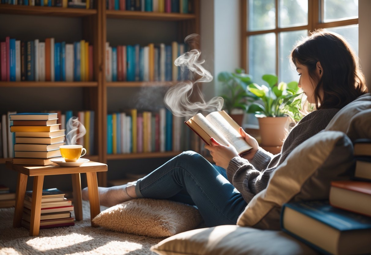 A person sitting in a cozy nook reading a book surrounded by stacks of books, a cup of tea, and a potted plant near a window.