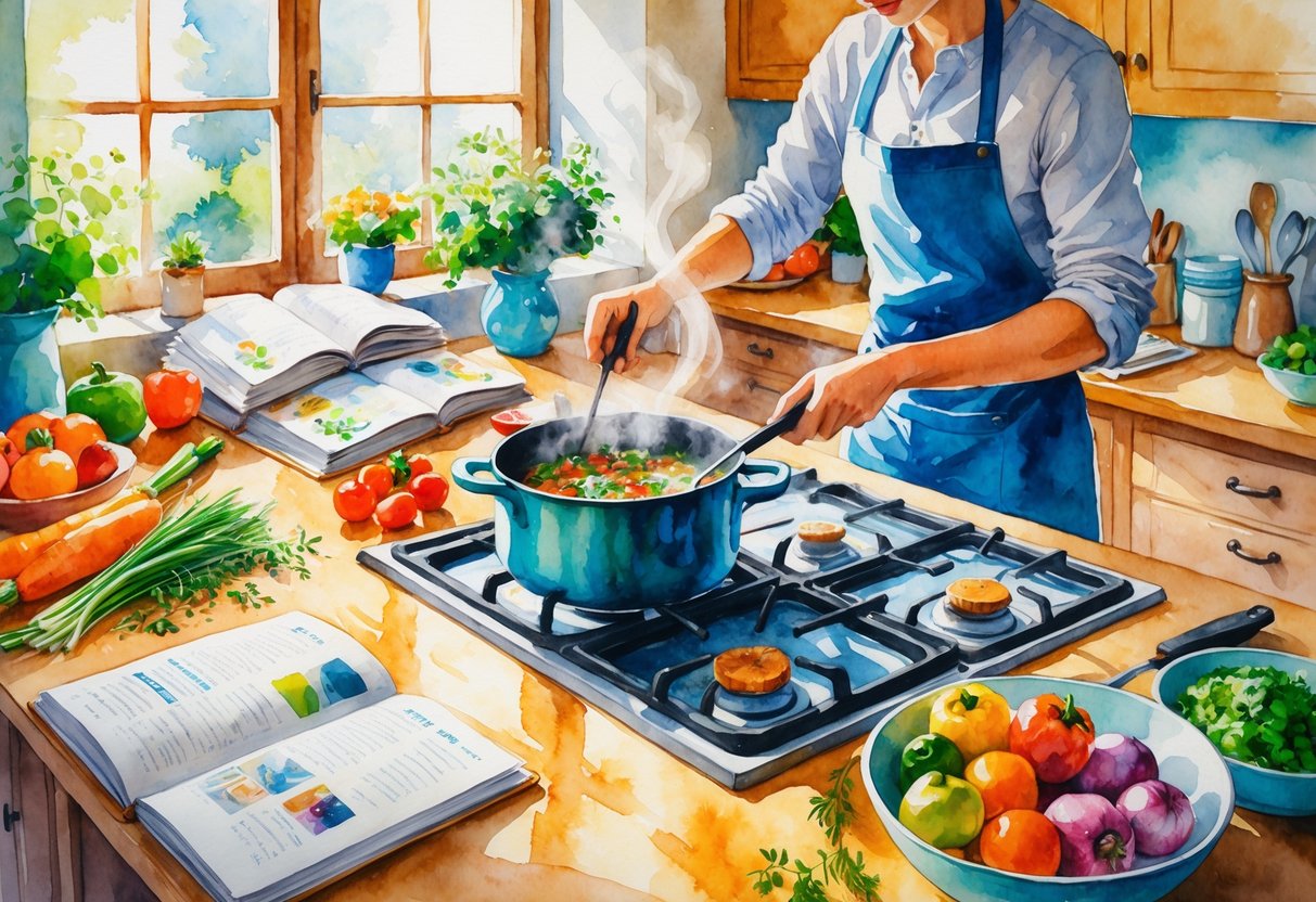 A person cooking in a bright kitchen with fresh vegetables and herbs on the countertop.