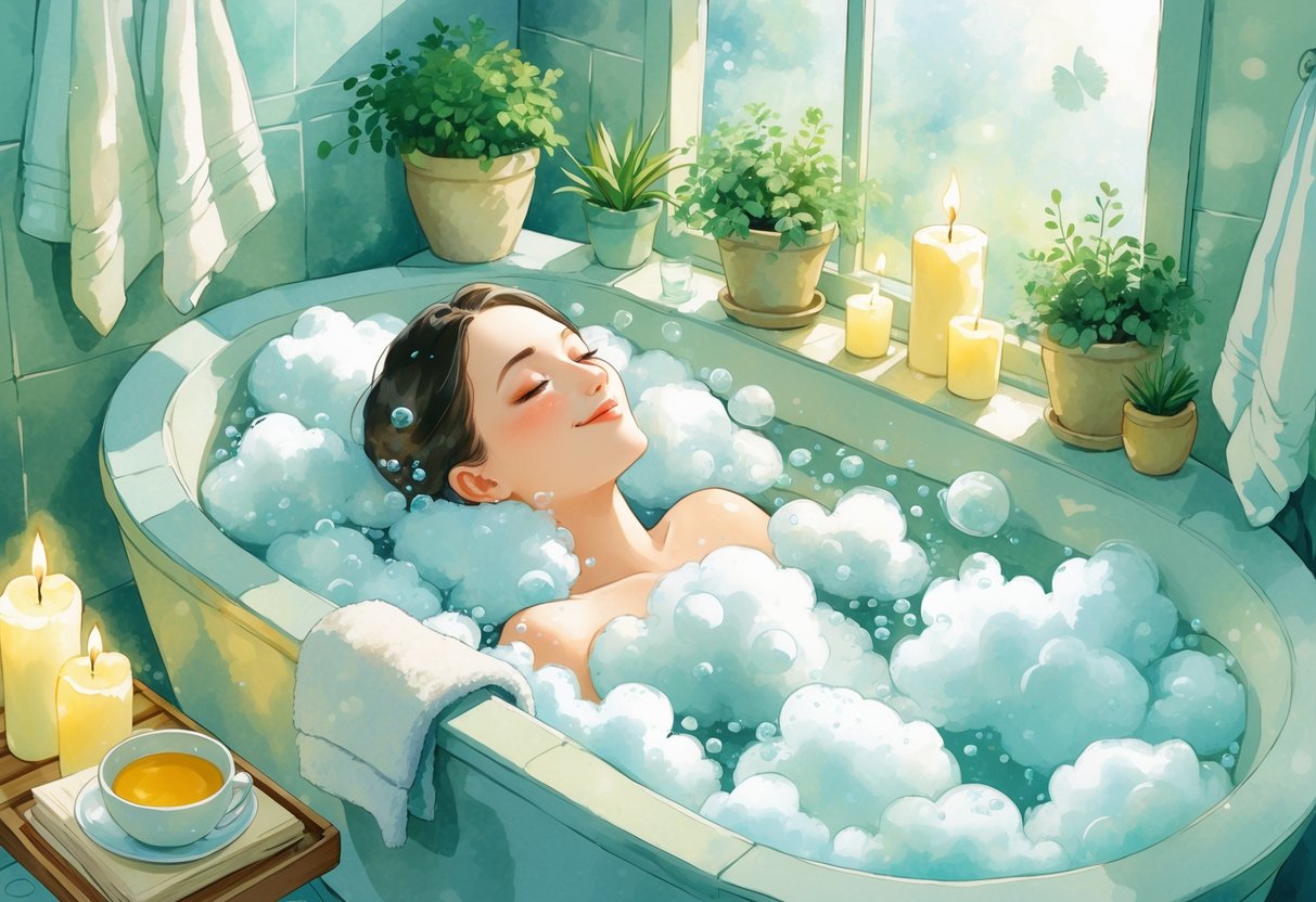 A person peacefully taking a bubble bath in a cozy bathroom surrounded by candles, plants, and a book on a tray.