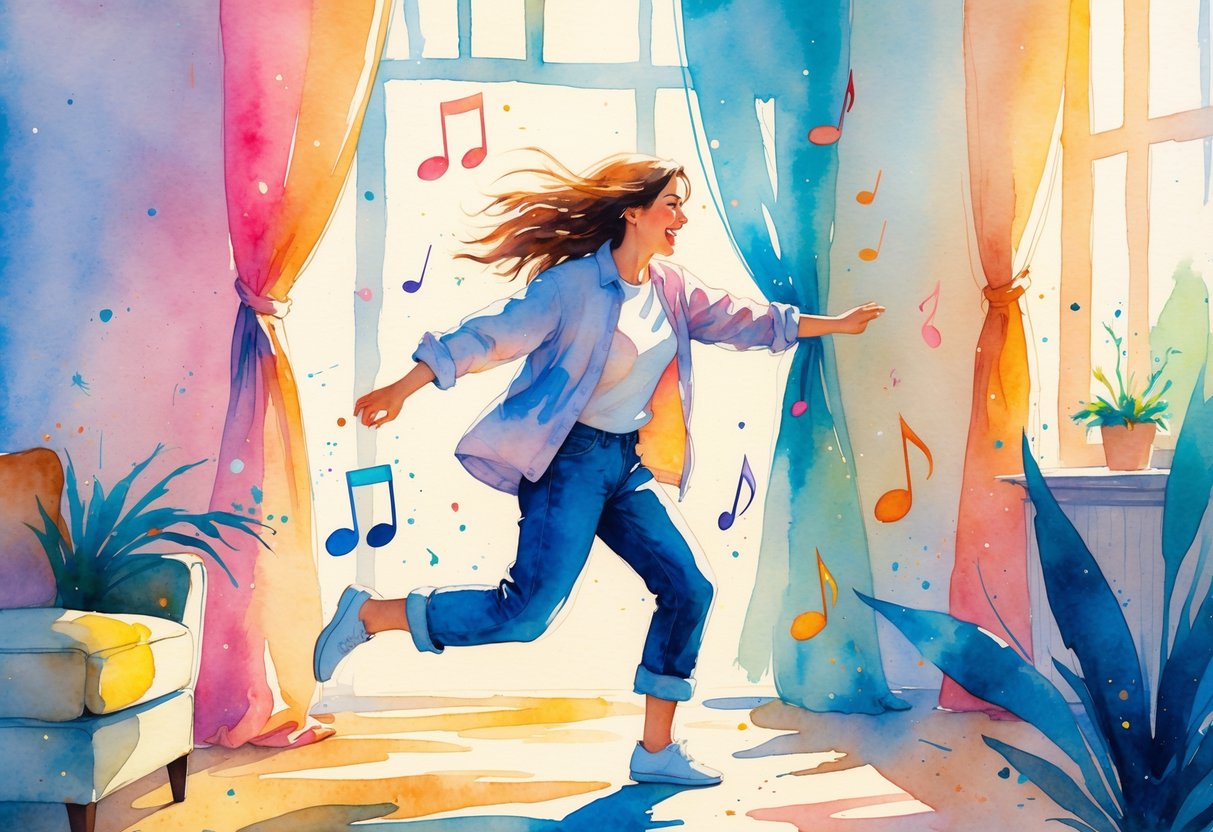 A person dancing joyfully in a sunlit room with musical notes floating around them.