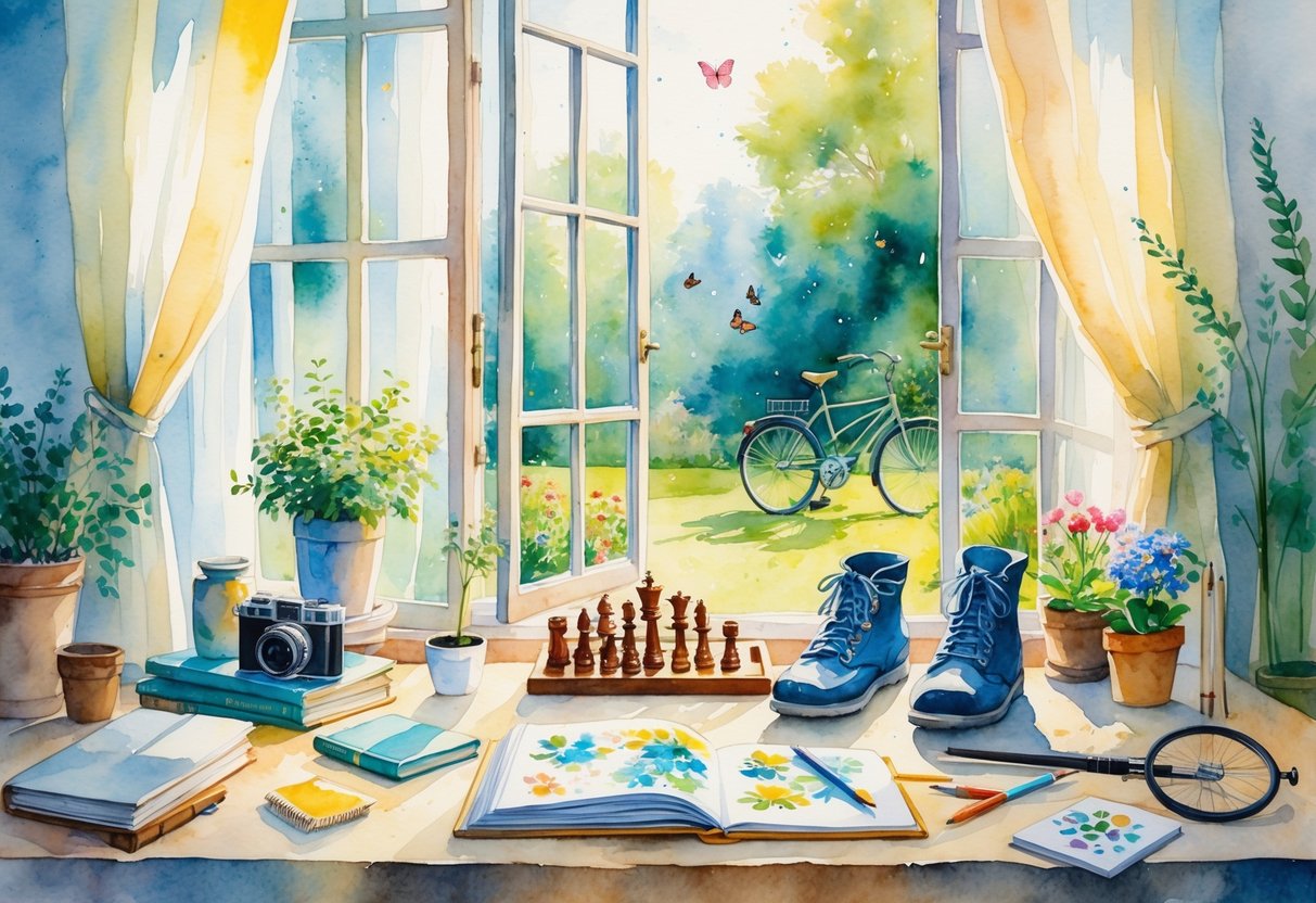 A person holding a vintage camera in a sunlit room surrounded by items representing hobbies like books, knitting, chess, fishing gear, a bicycle, gardening tools, hiking boots, and an acoustic guitar, with a view of a garden outside.