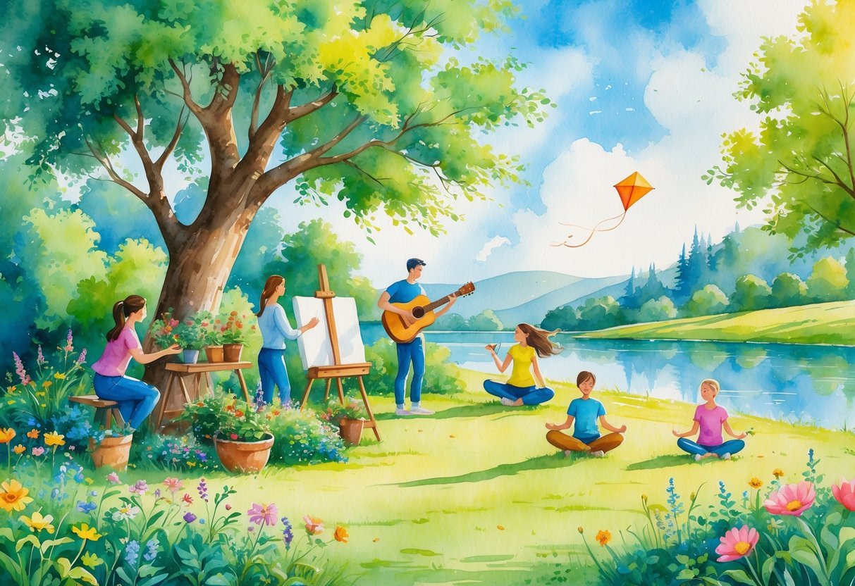 People outdoors enjoying hobbies like gardening, painting, playing guitar, reading, doing yoga, and flying a kite in a peaceful natural setting with trees, hills, and a lake.