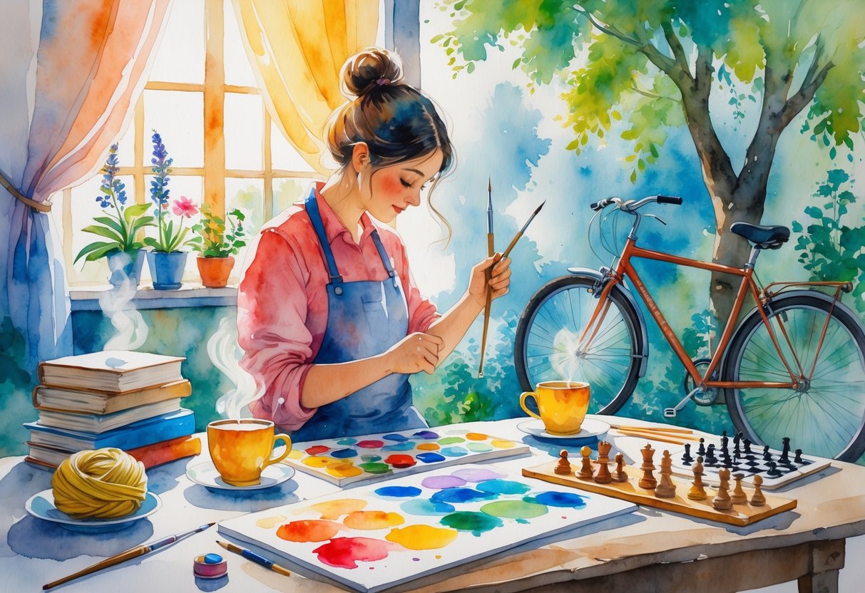 A person painting on a canvas surrounded by books, knitting yarn, gardening tools, a chessboard, and a bicycle near a sunlit window with plants.