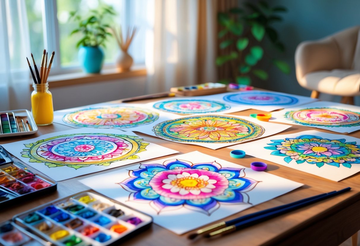 A peaceful scene showing several detailed mandalas being colored on a table with art supplies nearby, next to a cozy chair and a small plant.