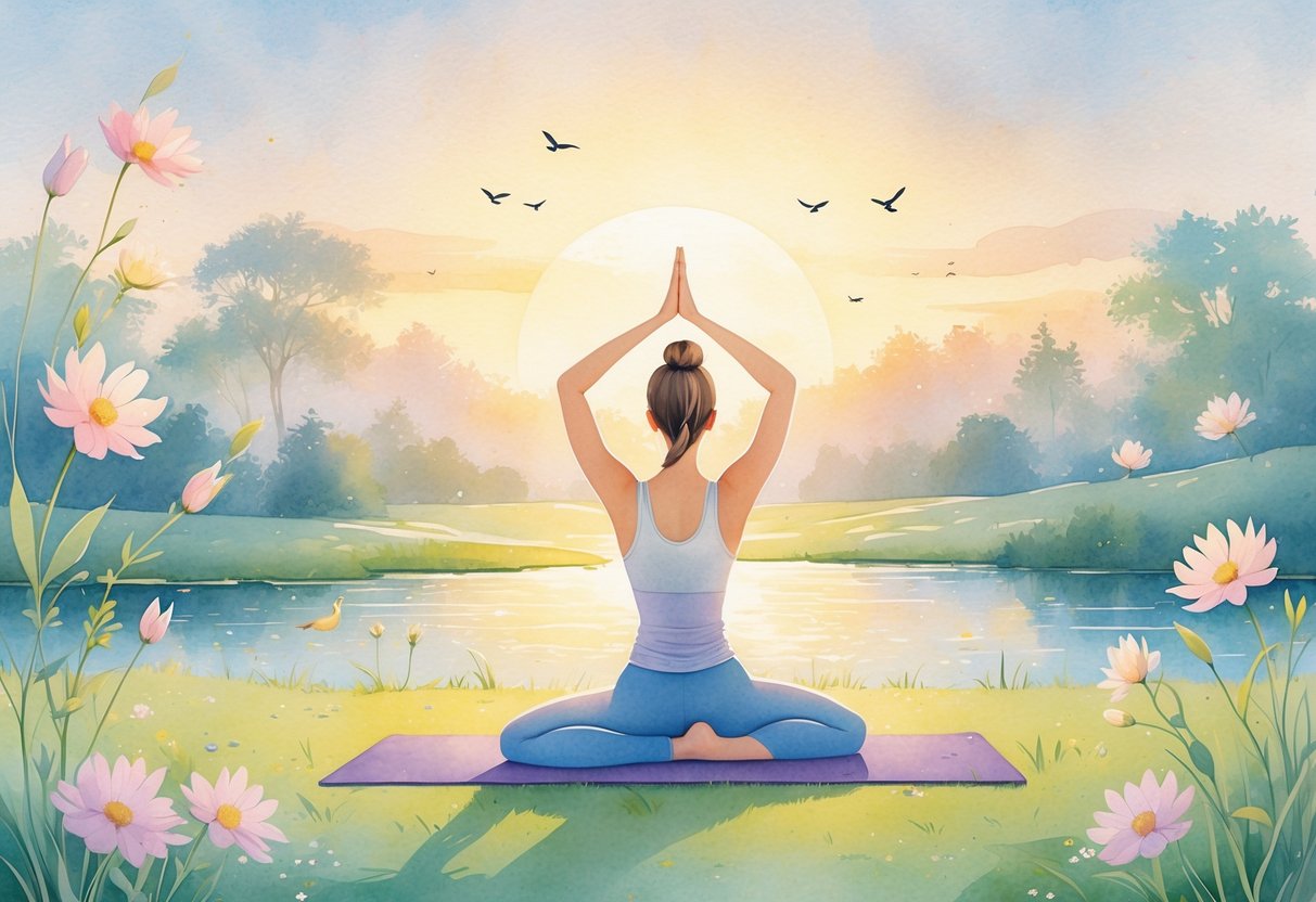 A person practicing yoga outdoors on a mat surrounded by grass, flowers, and birds with a peaceful sunrise in the background.