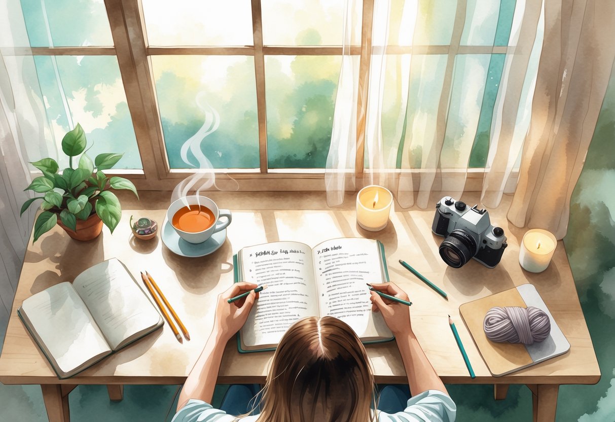 A person sitting at a desk by a window, writing in a notebook surrounded by items like a plant, tea cup, book, colored pencils, yoga mat, knitting yarn, camera, sketchpad, and candle.