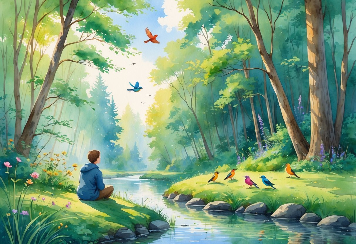 A person birdwatching quietly in a forest surrounded by trees, colorful birds, wildflowers, and a flowing stream.