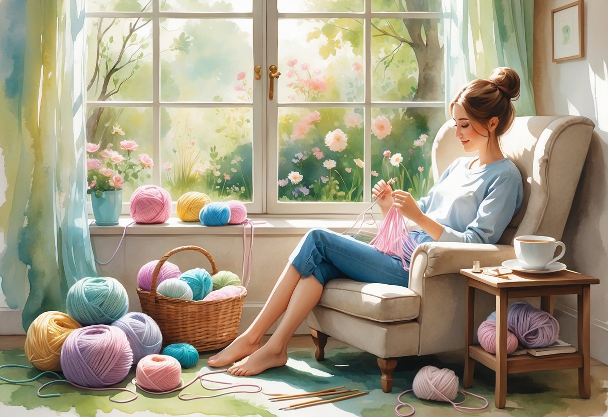 A person sitting in a chair knitting with colorful yarn near a window showing a garden outside, with yarn balls and a cup of tea nearby.