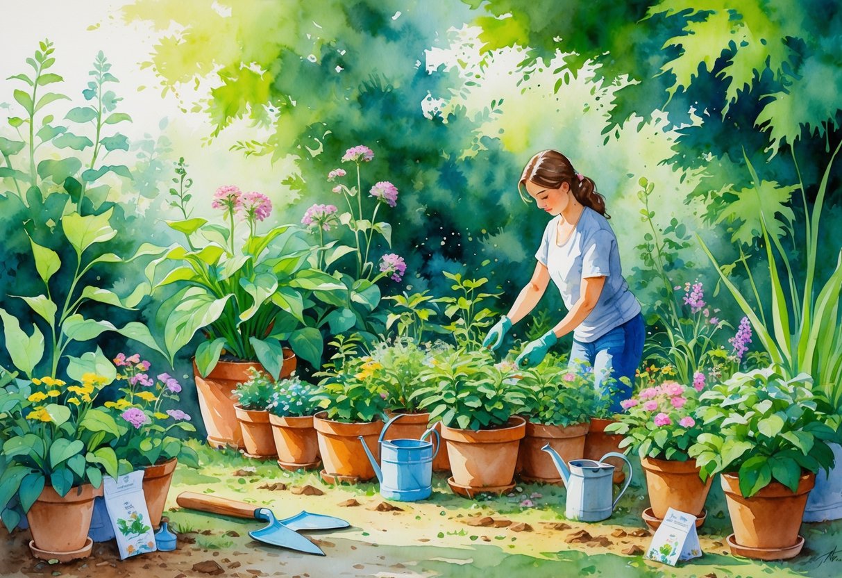 A person tending to plants in a peaceful garden surrounded by flowers, pots, and gardening tools.