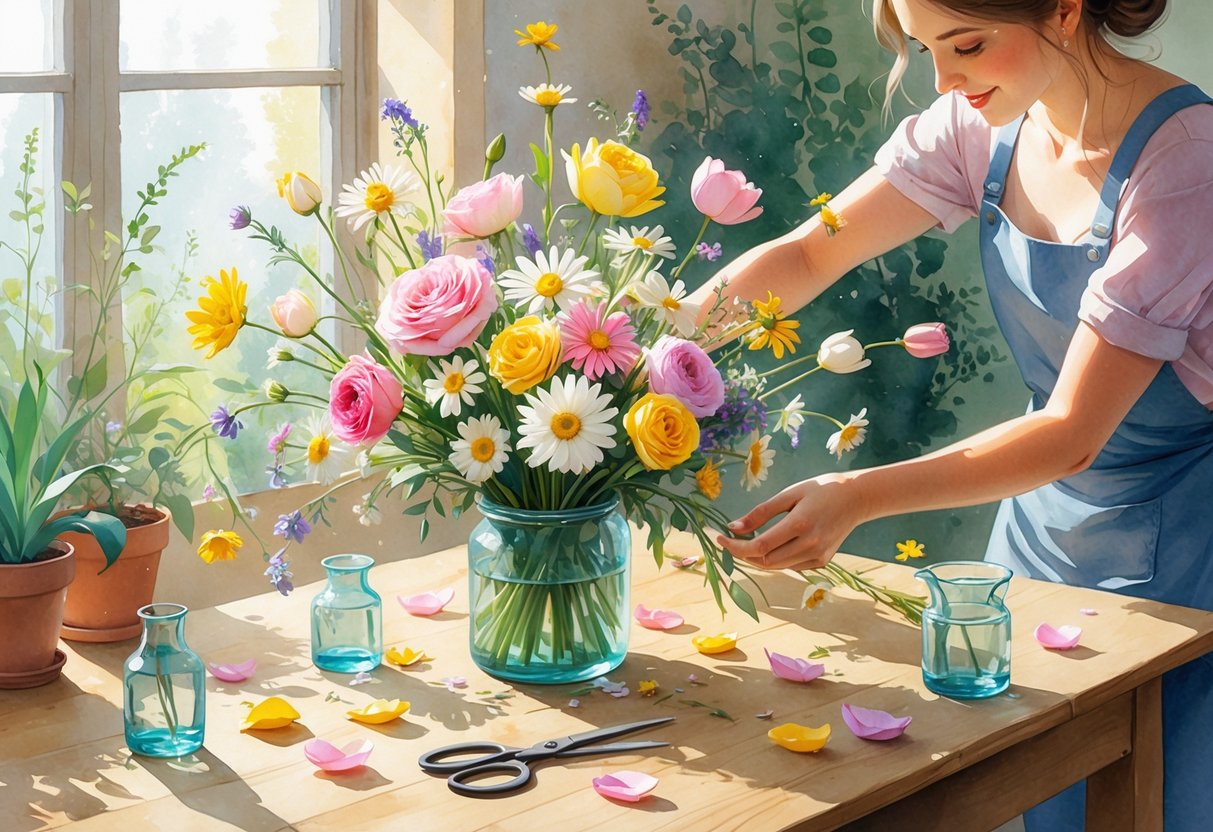 A person arranging a colorful bouquet of flowers on a wooden table in a sunlit room with plants and gardening tools nearby.