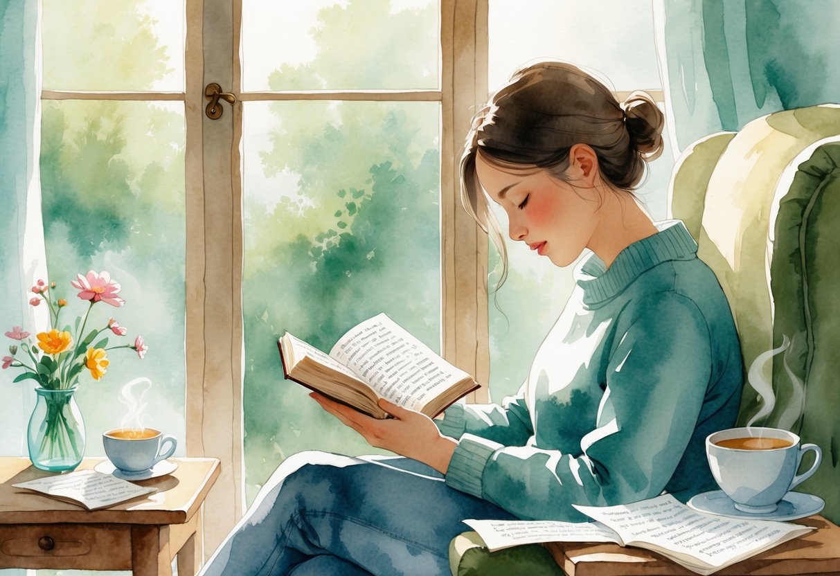 A person sitting in a cozy chair by a window, reading a book with a cup of tea and flowers nearby.