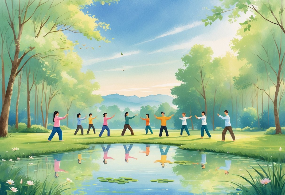 A group of people practicing Tai Chi in a green park near a calm pond with trees and mountains in the background.