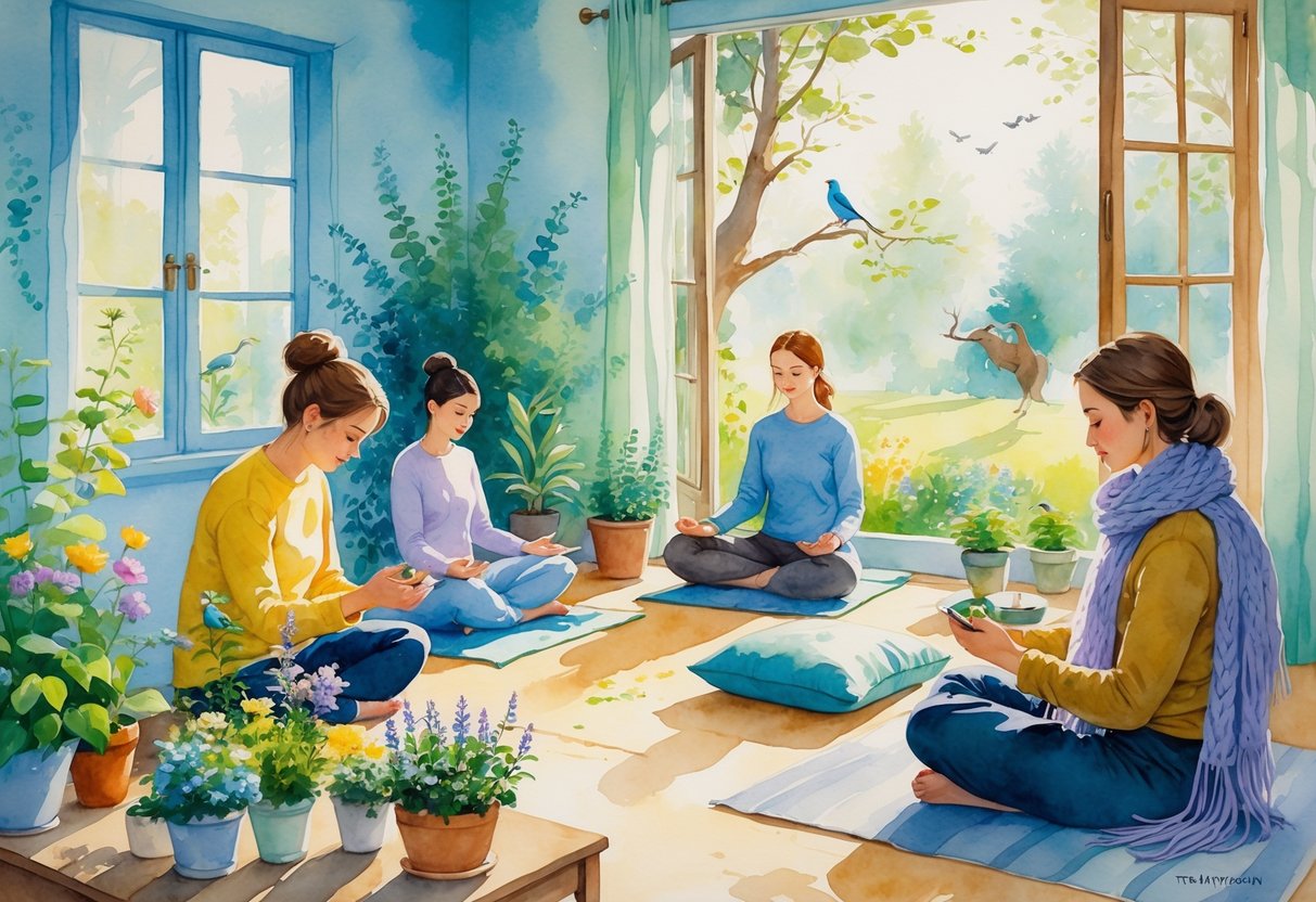 A peaceful indoor scene showing people engaged in gardening, meditation, painting, and knitting, with a window overlooking a quiet garden.