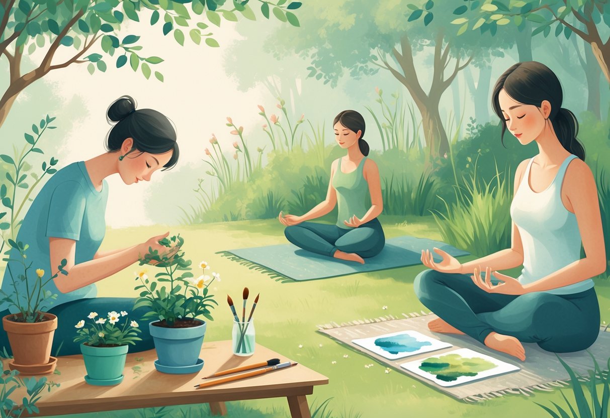 A peaceful outdoor scene showing people engaged in gardening, meditation, painting, and yoga surrounded by trees and plants.