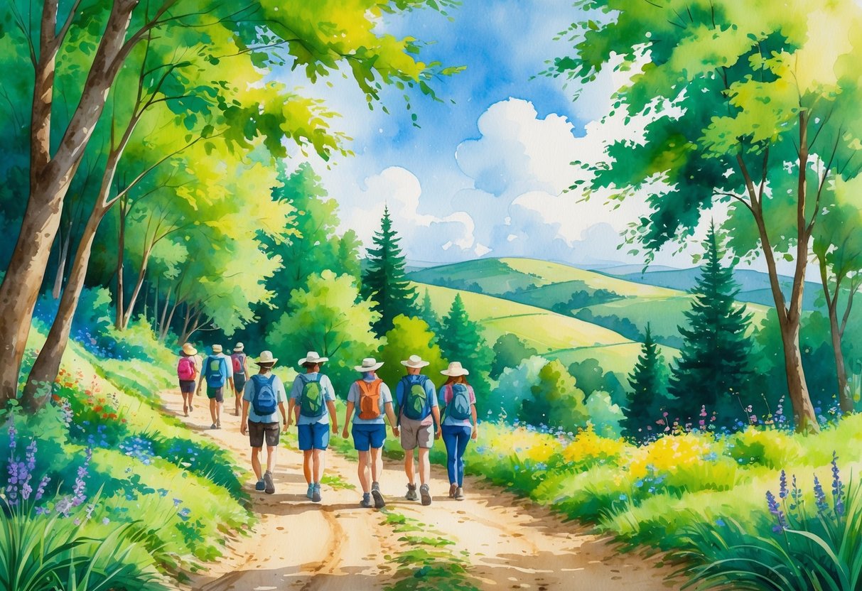 People hiking on a forest trail surrounded by trees, wildflowers, and hills under a blue sky.