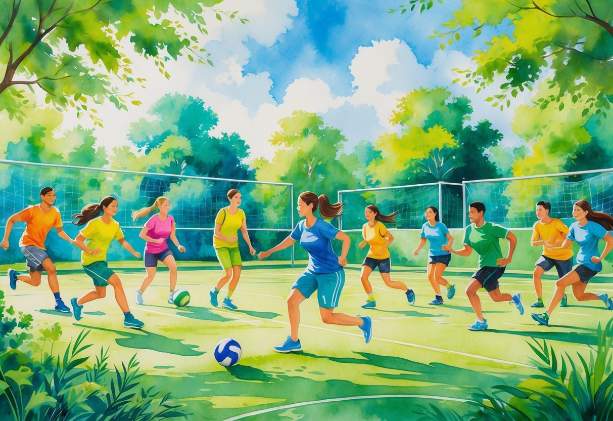 A group of people playing different team sports outdoors on a sunny day, including soccer, basketball, volleyball, and frisbee.