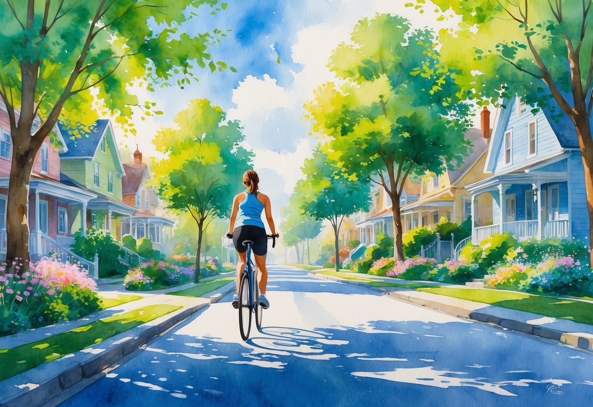 A person cycling on a street in a neighborhood with houses, trees, and flowers on a sunny day.
