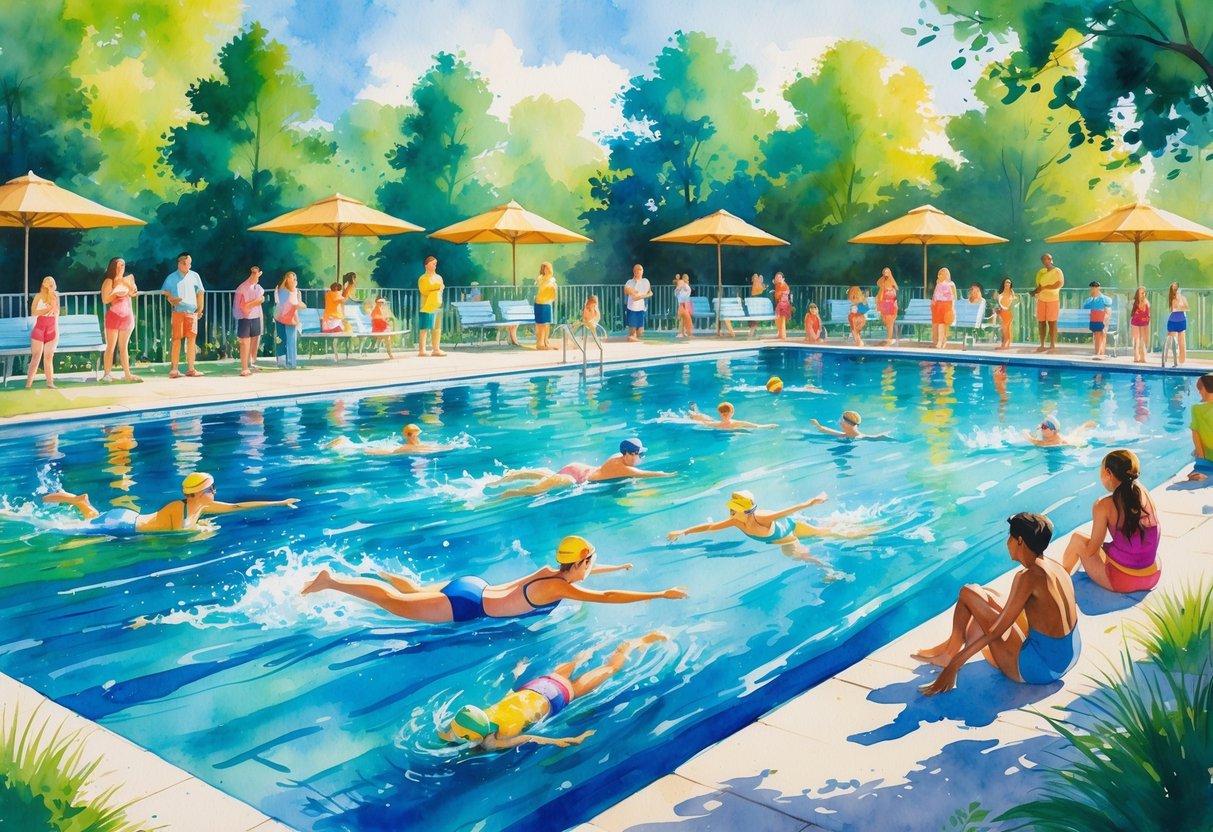 People of all ages swimming and relaxing at a busy community pool on a sunny day.