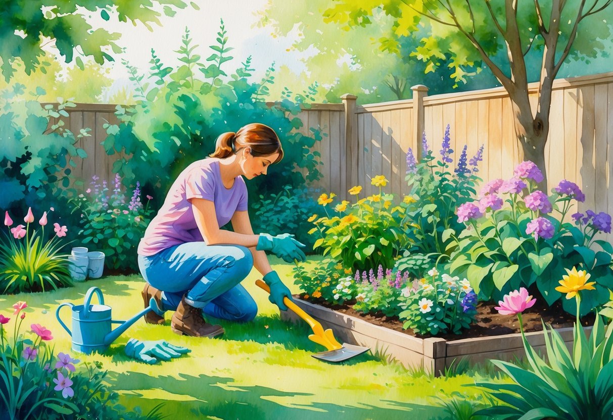 A person gardening in a yard, planting flowers surrounded by plants, tools, and a wooden fence.