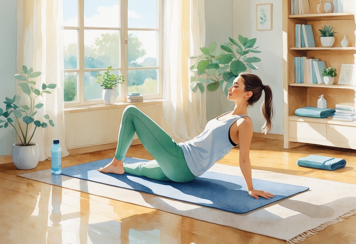A person practicing yoga on a mat in a bright, cozy living room with plants and natural light.