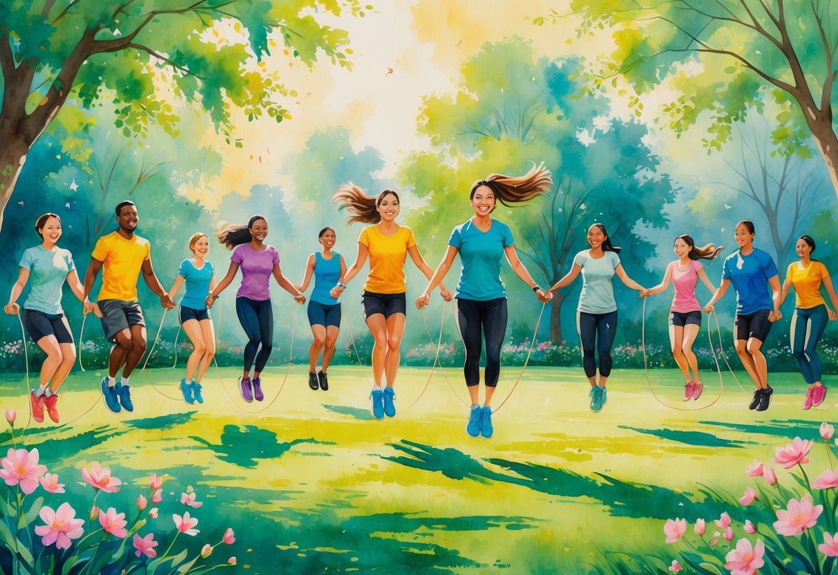 People of various ages and backgrounds jumping rope and exercising together in a sunny park surrounded by trees and flowers.