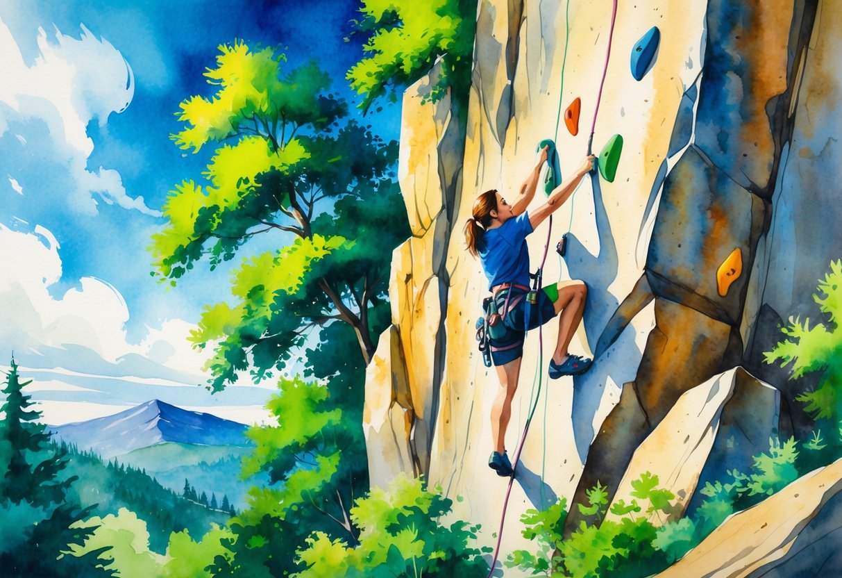 A person climbing a rock face outdoors surrounded by trees and mountains under a clear sky.