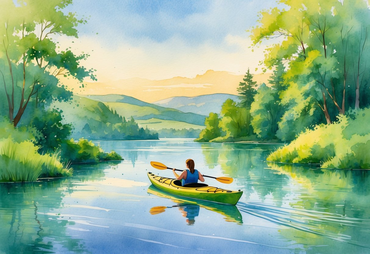 A person kayaking on a calm lake surrounded by trees and hills under a clear sky.