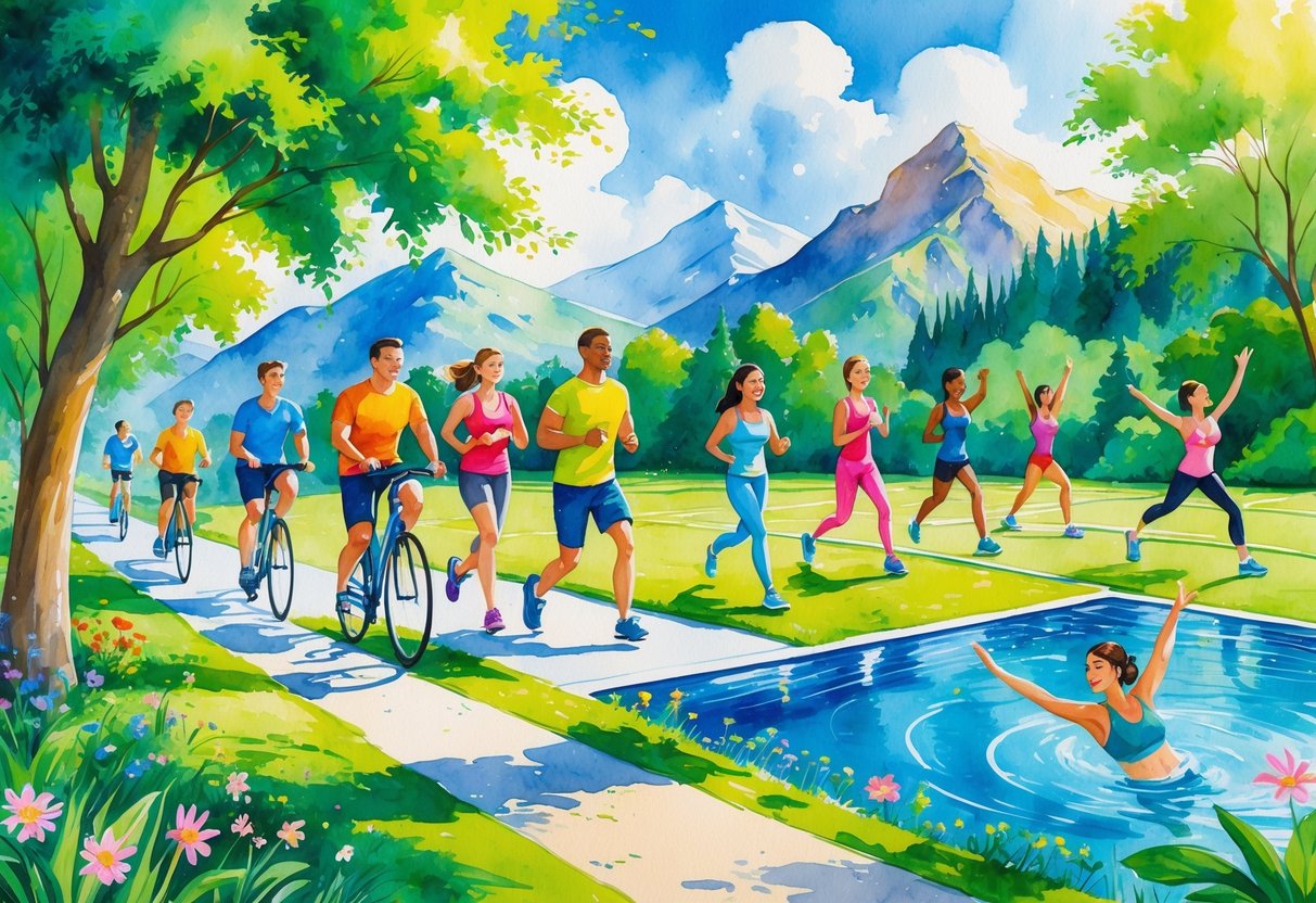 People enjoying various outdoor activities like cycling, jogging, yoga, tennis, hiking, swimming, and dancing in a bright park and natural setting.