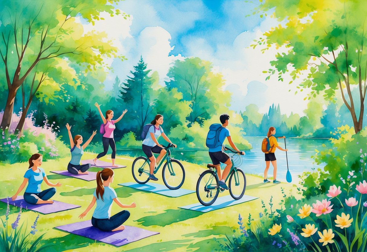 People practicing yoga, cycling, hiking, and paddleboarding outdoors in a bright, natural setting.