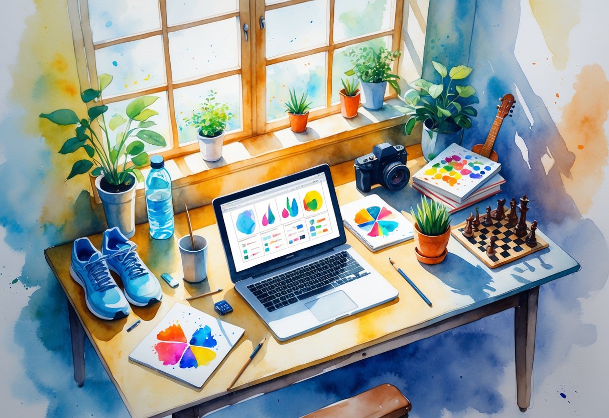 A cozy workspace with a laptop, sketchbook, plant, running shoes, guitar, camera, books, cooking pot, chessboard, and painting supplies arranged around a desk.