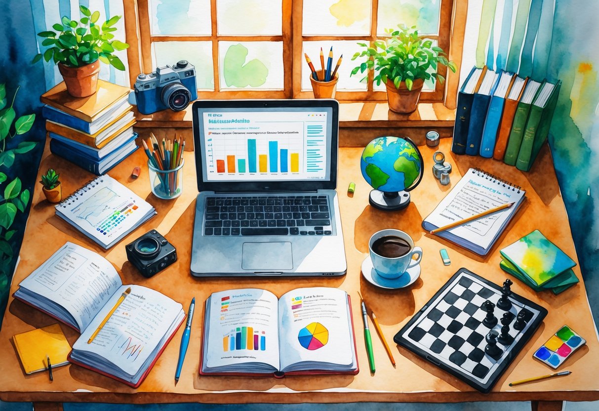 A cozy workspace with a desk holding notebooks, a laptop, pens, and items representing hobbies like books, a camera, guitar, plant, globe, coffee cup, running shoes, paint palette, chessboard, and a journal.