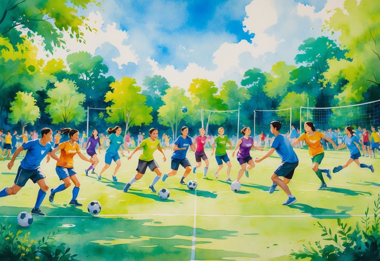 A group of people playing soccer, basketball, and volleyball together in a park, showing teamwork and activity.