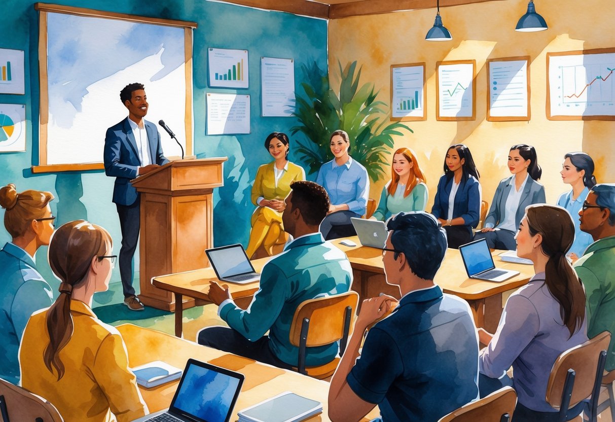 A group of people gathered in a room where one person is speaking at a podium while others listen attentively, surrounded by books and laptops.