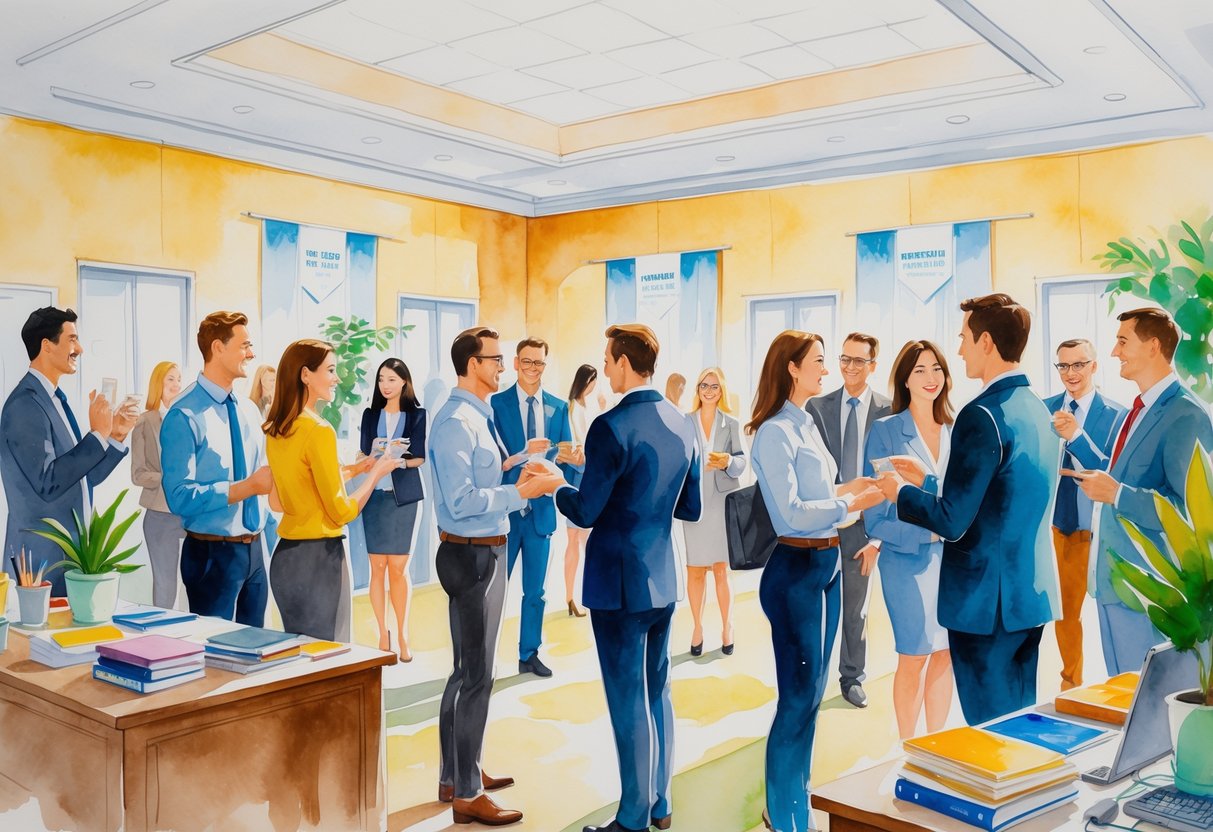 A group of diverse professionals talking and exchanging ideas at a networking event with various hobby items like books, musical instruments, and sports equipment around them.